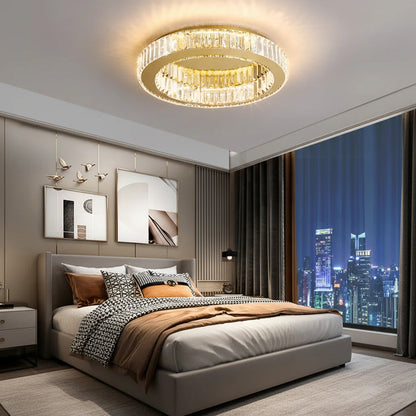 Lustra LED cu telecomanda si cristal VERTUS 31W, 50cm, Cerc, lumina Rece/Calda/Neutra, Dimabila, Auriu