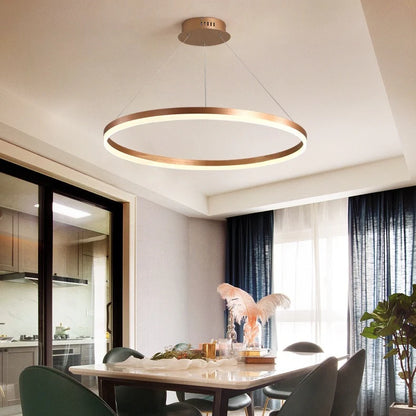 Lustra LED suspendata ANINA 33W, 1 Cerc, lumina Rece/Calda/Neutra, Dimabila, Auriu Lucios Alb, Inaltime Reglabila