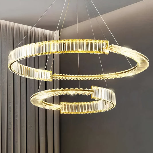 Lustra LED PRISM Regal, 120W, Auriu, Metal si Cristal, Dimabila, Inaltimea Reglabila, Design Elegant