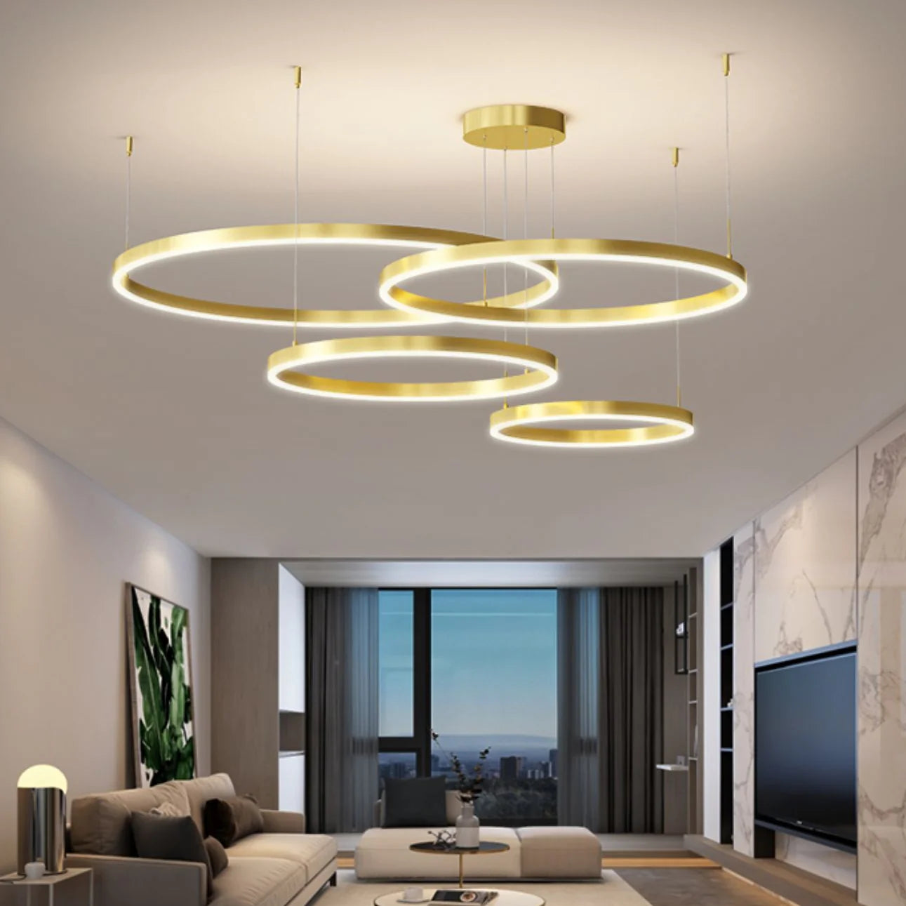 Lustra LED suspendata cu telecomanda LT813/4GD 41W, 4 Cercuri, lumina Rece/Calda/Neutra, Dimabila, Auriu, Inaltime Reglabila