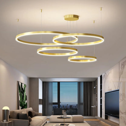 Lustra LED suspendata cu telecomanda LT813/4GD 41W, 4 Cercuri, lumina Rece/Calda/Neutra, Dimabila, Auriu, Inaltime Reglabila