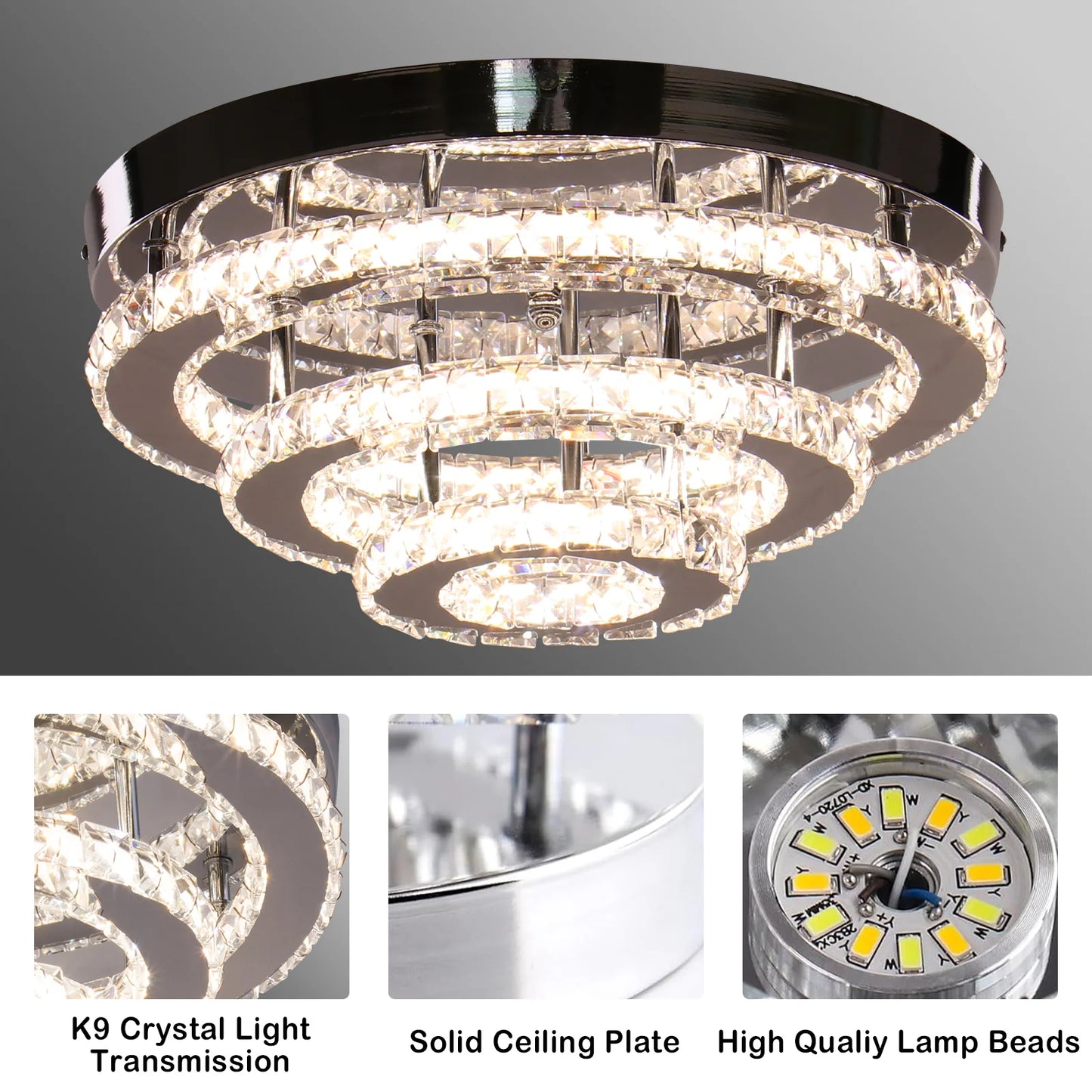 Lustra LED Cristal LLC151/500CH, 64W, 3 Elemente, lumina Rece/Calda/Neutra, Dimabila, Crom Lucios