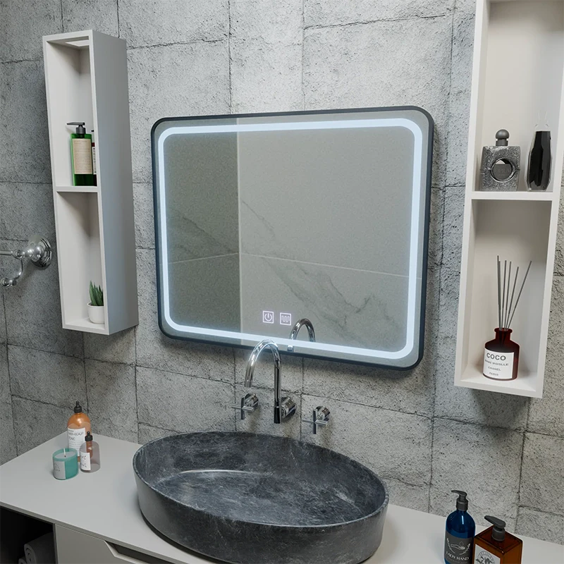 Oglinda LED Rectangulara 80x60cm – EDGE Touch Sistem Dezaburire, Rama Neagra