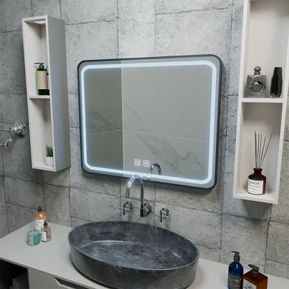 Oglinda LED Rectangulara 80x60cm – EDGE Touch Sistem Dezaburire, Rama Neagra