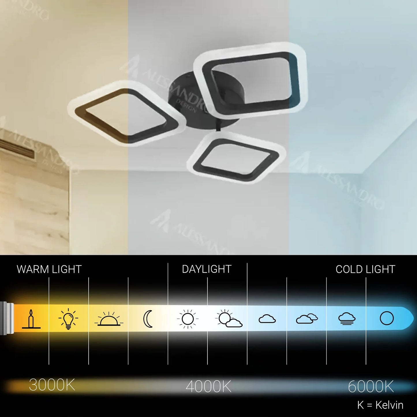 Lustra LED PULSARIS 32W, 3 Patrate, lumina Rece/Calda/Neutra, Negru