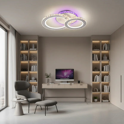 Lustra LED cu telecomanda si cristal NOVA ROTONDA RGB, 43W, 2 Cercuri, lumina Rece/Calda/Neutra, Dimabila, Alb