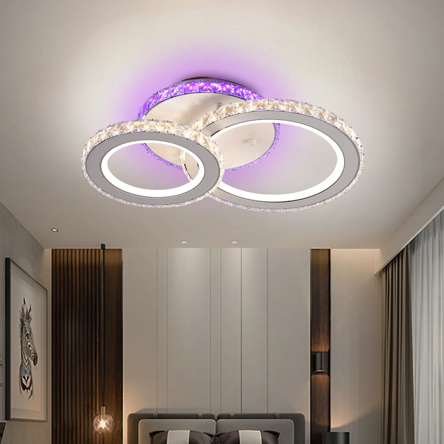 Lustra LED NOVA Rotonda cu Cristale, 2 Surse de Lumina, RGB, cu Telecomanda, 43W, Alb & Inox
