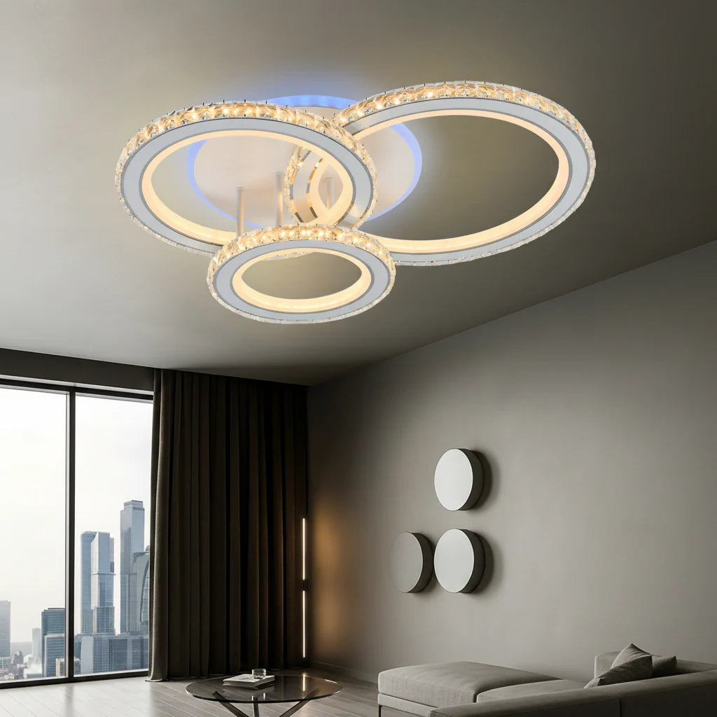 Lustra LED NOVA Rotonda cu Cristale, 3 Surse de Lumina, RGB, cu Telecomanda, 103W, Alb & Inox