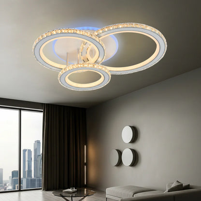 Lustra LED NOVA Rotonda cu Cristale, 3 Surse de Lumina, RGB, cu Telecomanda, 103W, Alb & Inox