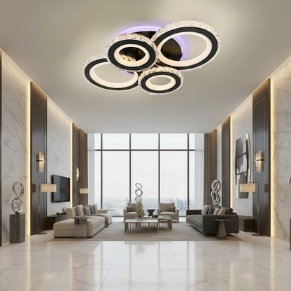 Lustra LED NOVA Rotonda cu Cristale, 4 Surse de Lumina, RGB, cu Telecomanda, 68W, Negru & Inox