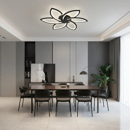 Lustra LED cu telecomanda si cristal FLORA 82W, 6 Petale, lumina Rece/Calda/Neutra, Dimabila, Negru