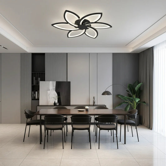 Lustra LED cu telecomanda si cristal FLORA 82W, 6 Petale, lumina Rece/Calda/Neutra, Dimabila, Negru