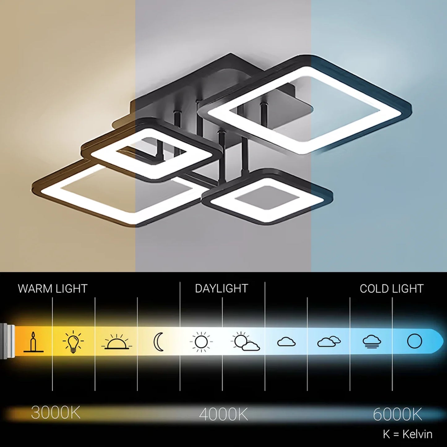 Lustra LED cu Telecomanda, ELLA, 4 Patrate, 85W, Lumina Rece/Calda/Neutra, Dimabila, Negru