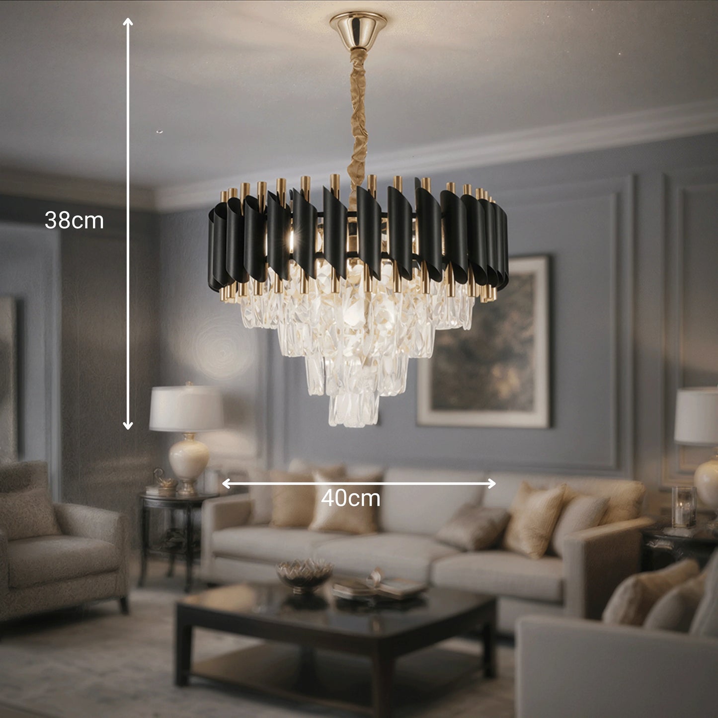 Candelabru Cristal VERSAILLES Nobile 5xE14, Diametru 40cm, Auriu Lucios si Negru