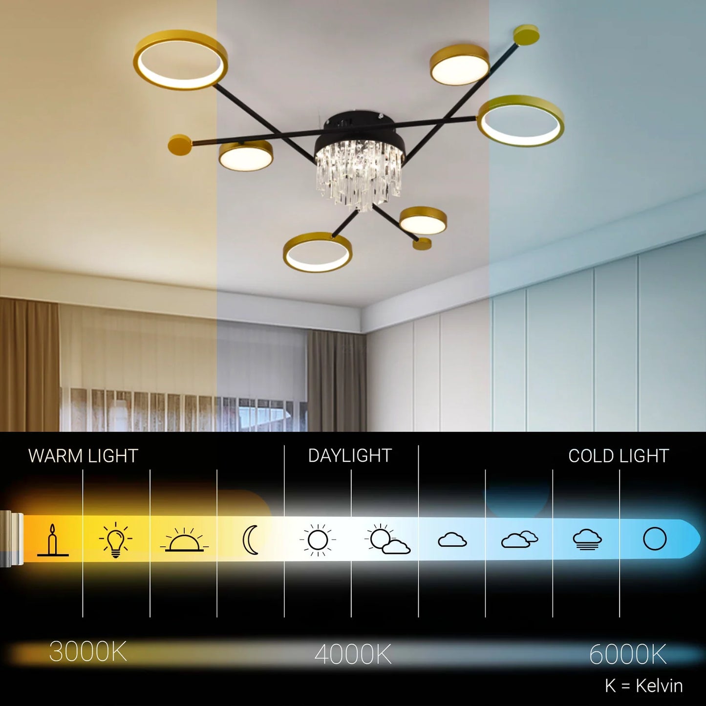 Lustra LED cu telecomanda si cristal GUIDA 38W, 6 Elemente, lumina Rece/Calda/Neutra, Dimabila, Negru Auriu