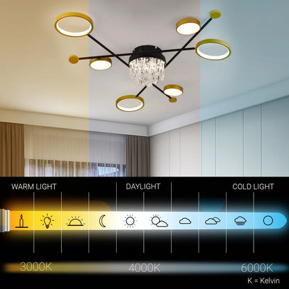 Lustra LED cu telecomanda si cristal GUIDA 38W, 6 Elemente, lumina Rece/Calda/Neutra, Dimabila, Negru Auriu