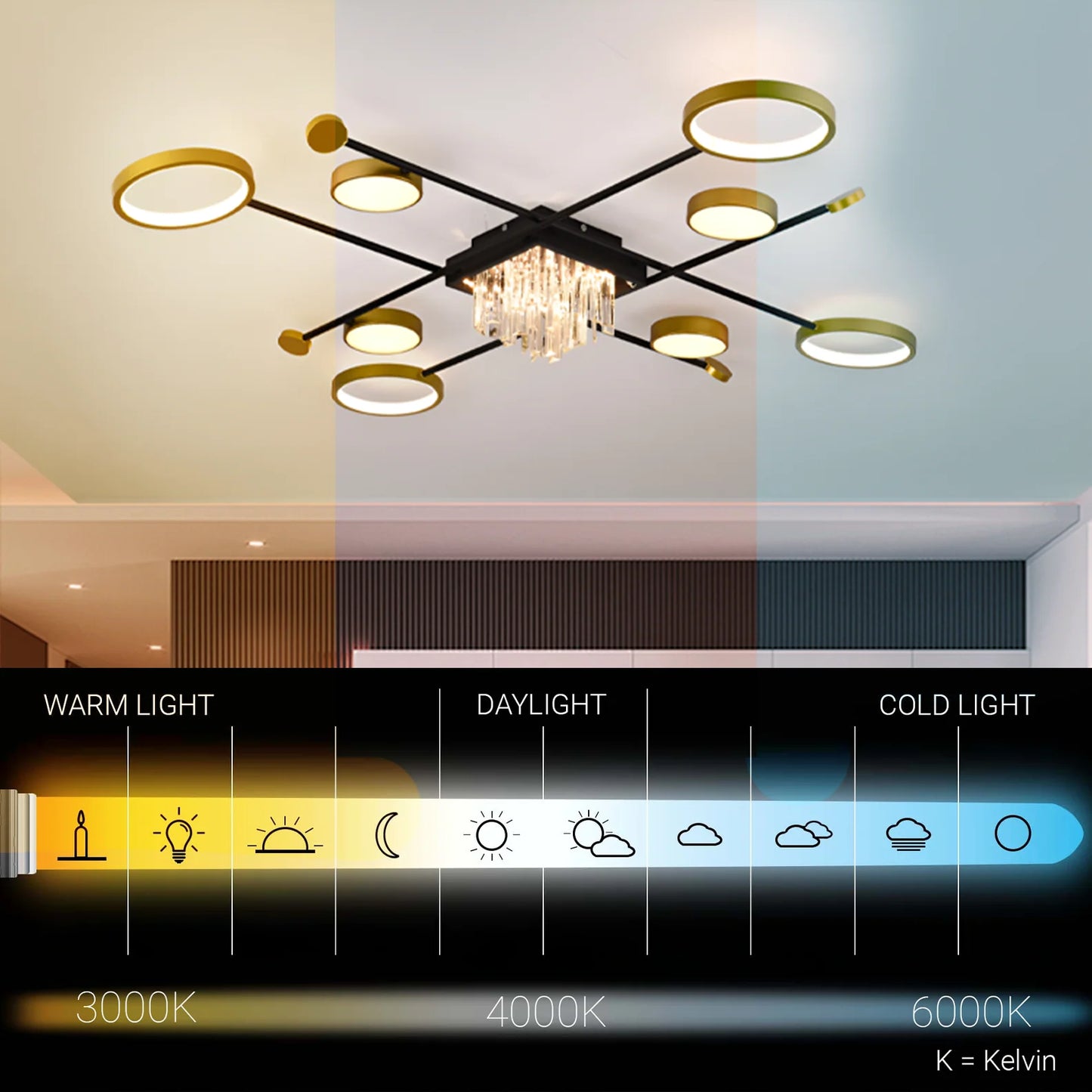 Lustra LED cu telecomanda si cristal GUIDA 46W, 8 Elemente, lumina Rece/Calda/Neutra, Dimabila, Negru Auriu