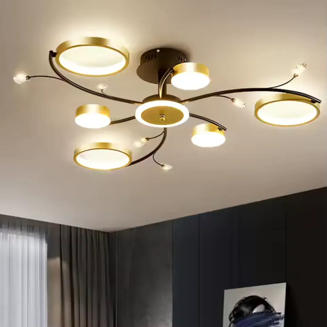 Lustra LED cu Telecomnda KARINA, 61W, 6 Elemente, Lumina Calda/Rece/Neutra, Dimabila, Auriu