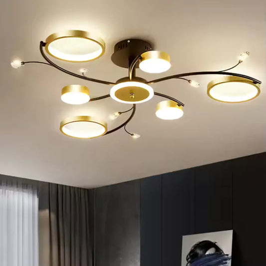 Lustra LED cu Telecomnda KARINA, 61W, 6 Elemente, Lumina Calda/Rece/Neutra, Dimabila, Auriu