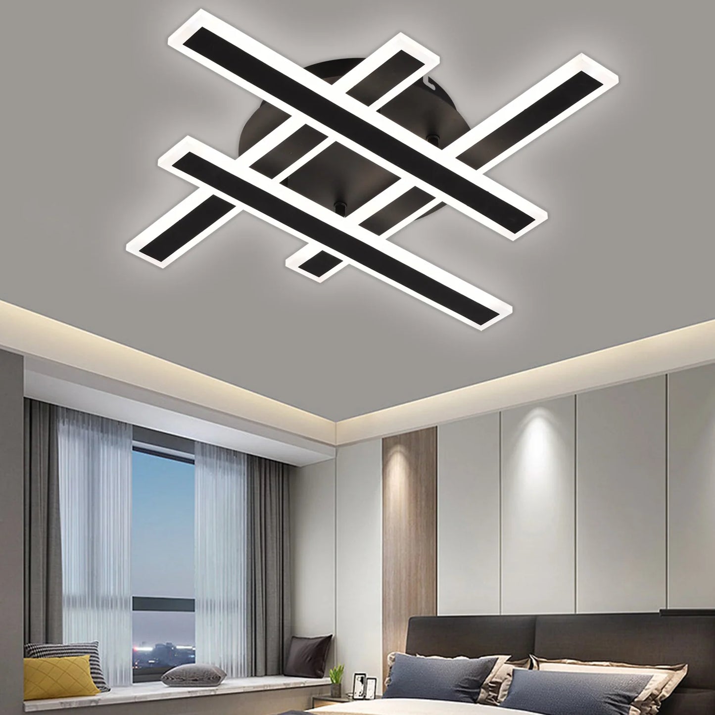 Lustra LED cu Telecomanda LT755/4BK, 80W, 46x5.5x7.5, Lumina Rece/Calda/Neutra, Dimabila, Negru, Fier, Plexiglas