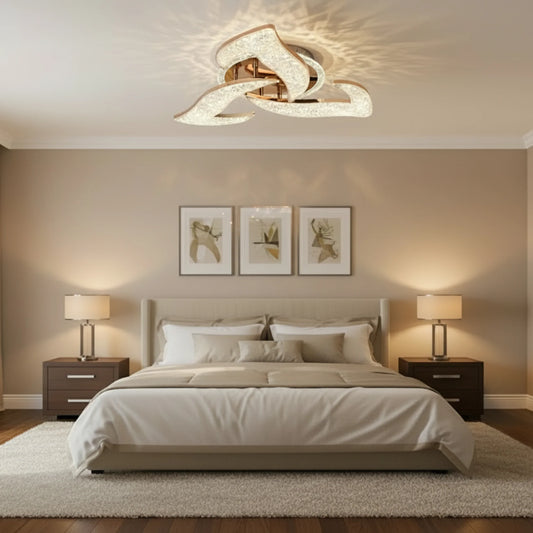 Lustra LED HALESA Eleganza cu telecomanda si cristal, 44W, 3 Surse, Lumina Rece/Calda/Neutra, Dimabila, Auriu