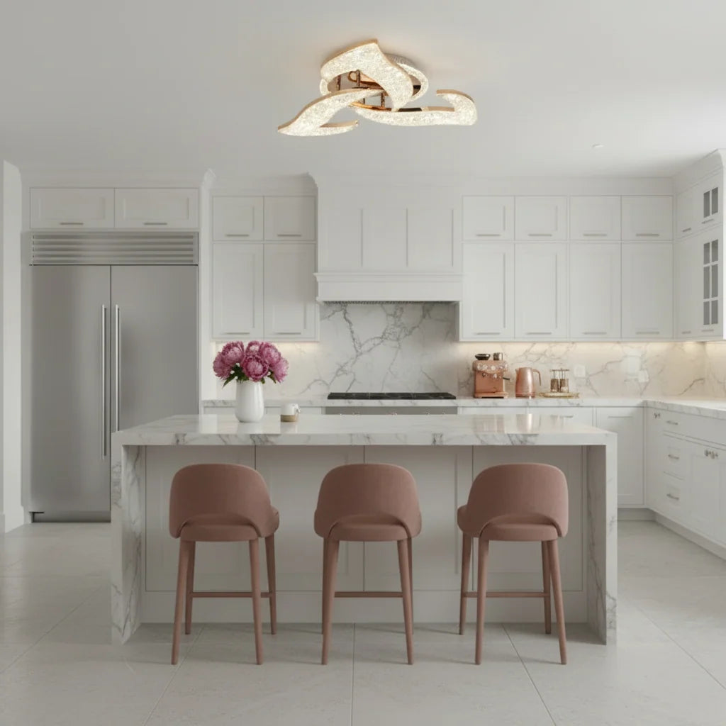 Lustra LED HALESA Eleganza cu telecomanda si cristal, 44W, 3 Surse, Lumina Rece/Calda/Neutra, Dimabila, Auriu