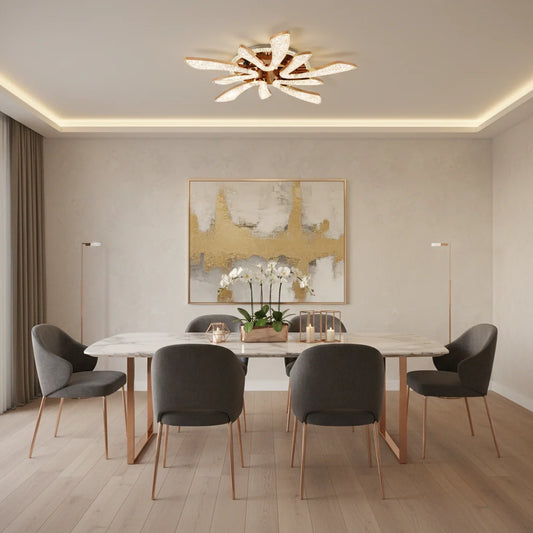 Lustra LED CHARM Magno cu telecomanda si cristal, 68W, Ø59cm, 5 Surse, Lumina Rece/Calda/Neutra, Dimabila, Auriu