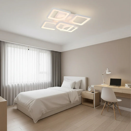 Lustra LED cu telecomanda, ZOE, 5 Patrate, 96W, Lumina Rece/Calda/Neutra, Dimabila, Alb