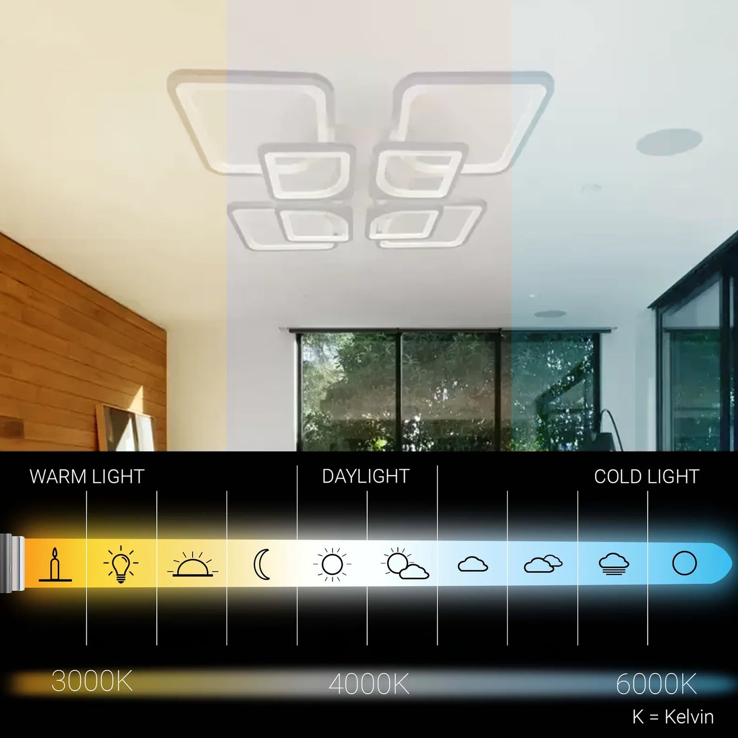 Lustra LED cu Telecomanda, ZOE, 8 Patrate, 135W, Lumina Rece/Calda/Neutra, Dimabila, Alb