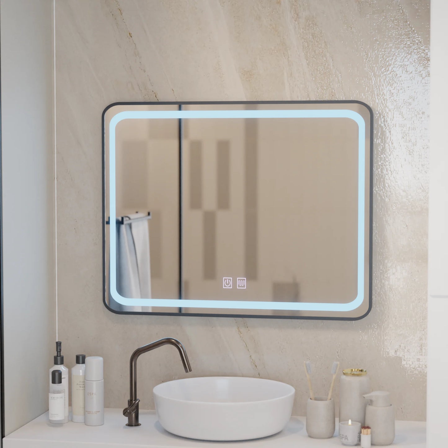 Oglinda LED Rectangulara 80x60cm – EDGE Touch Sistem Dezaburire, Rama Neagra