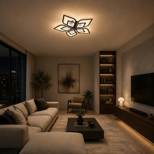 Lustra LED cu telecomanda DALIA, 170W, 5 Petale, lumina Rece/Calda/Neutra, Dimabila, Negru