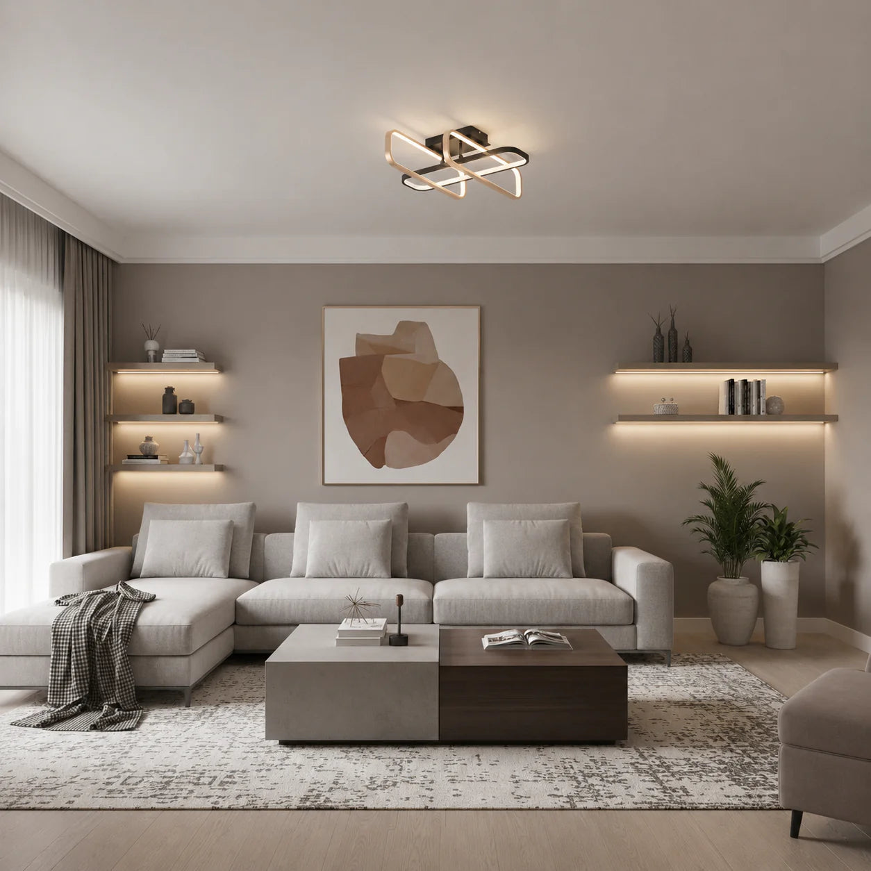 Lustra LED cu telecomanda TRANBERG, 3 surse(1negre+2auriu), 3000K/4000K/6000K, 144W, Metal si Plastic, Negru