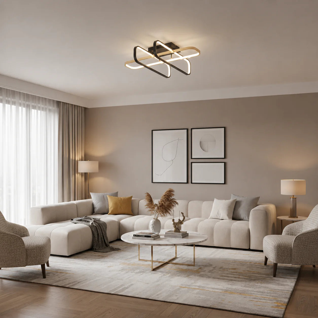 Lustra LED cu telecomanda TRANBERG, 3 surse(2negre+1auriu), 3000K/4000K/6000K, 152W, Metal si Plastic, Negru