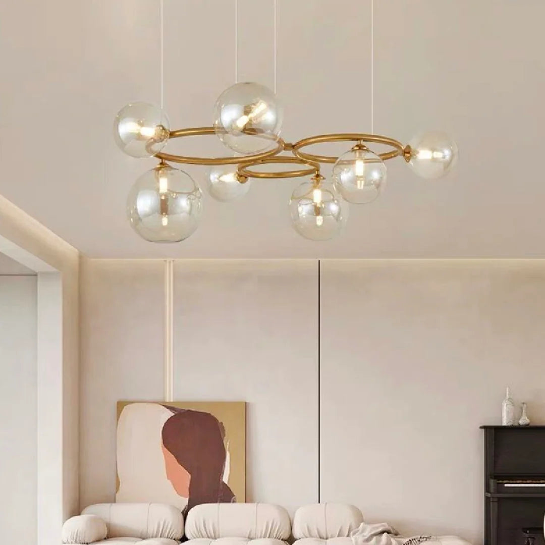 Lustra cu Abajur Rotund ,VENERE Luce, 3 Cercuri, 7xG9, Auriu, Metal , Inaltime Reglabila