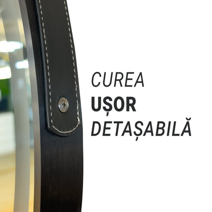 Oglinda LED Rotunda 60 Celeste Majeste Noir Eleve MotionGlow Marcello, Curea Piele Ecologica, Sistem Dezaburire, Termometru si Ceas, Dimabila