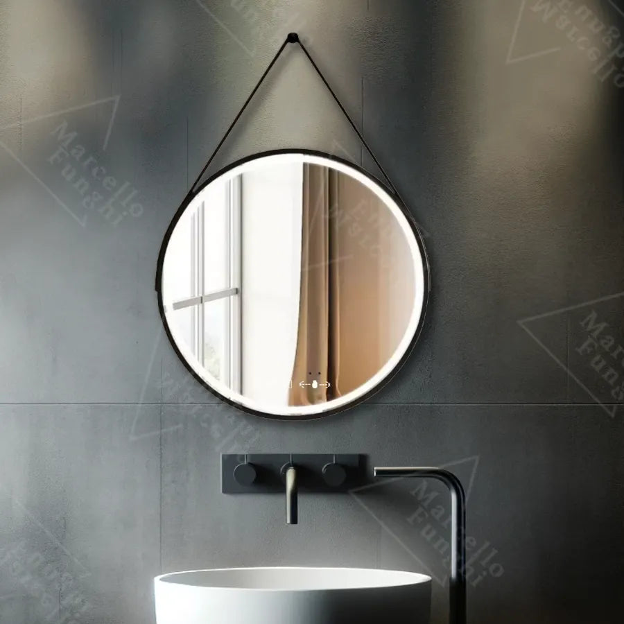 Oglinda LED Rotunda 50 Celeste Majeste Noir Eleve MotionGlow Marcello, Curea Piele Ecologica, Sistem Dezaburire, Termometru si Ceas, Dimabila