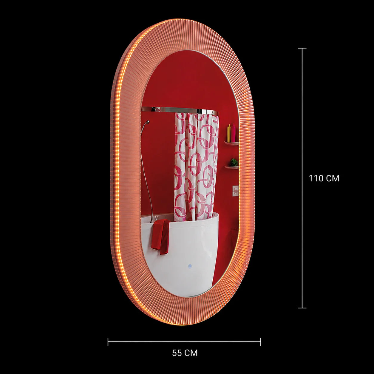Oglinda LED FISHMAN Ovala, 55x110cm, Rama din acrilic cu efect irizat, Senzor, Lumina 3000K, 4000K, 6000K, Sistem Dezaburire, Acrilic, Functii Ceas si Temperatura