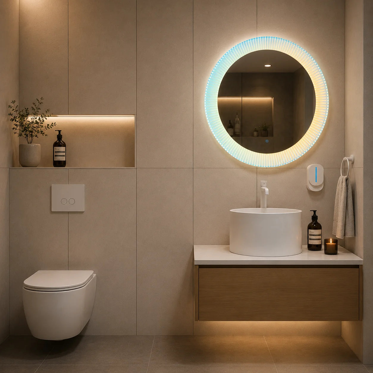 Oglinda LED FISHMAN Rotunda, 70cm, Rama din acrilic cu efect irizat, Senzor, Lumina 3000K, 4000K, 6000K, Sistem Dezaburire, Acrilic, Functii Ceas si Temperatura