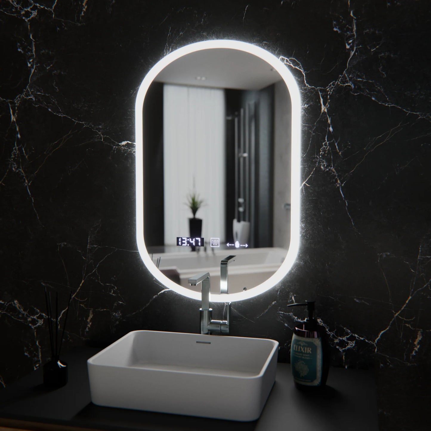 Oglinda LED Ovala, 50x80cm, Lucia Senzor Marcello, Sistem Dezaburire, Ceas & Termometru, Dimabila