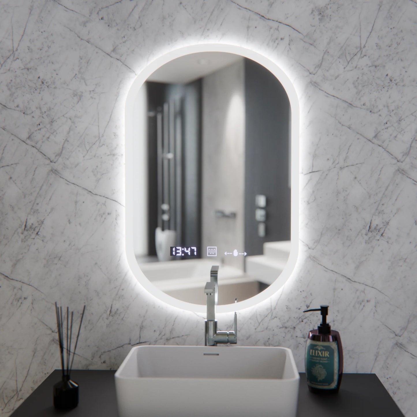Oglinda LED Ovala, 50x80cm, Lucia Senzor Marcello, Sistem Dezaburire, Ceas & Termometru, Dimabila