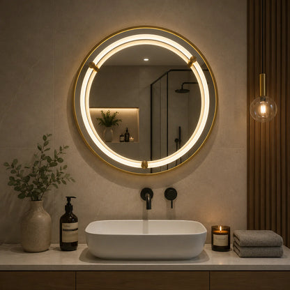 Oglinda LED WARSA Rotunda, 60cm, Auriu Lucios, Senzor, Lumina 4000K, Sistem Dezaburire, Metal, Functii Ceas si Temperatura