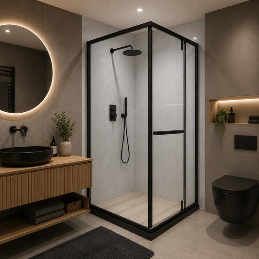 Paravan dus Walk-In 100x100x195 cm, sticla securizata 7.6 mm, satin, profil metalic rezistent, Negru