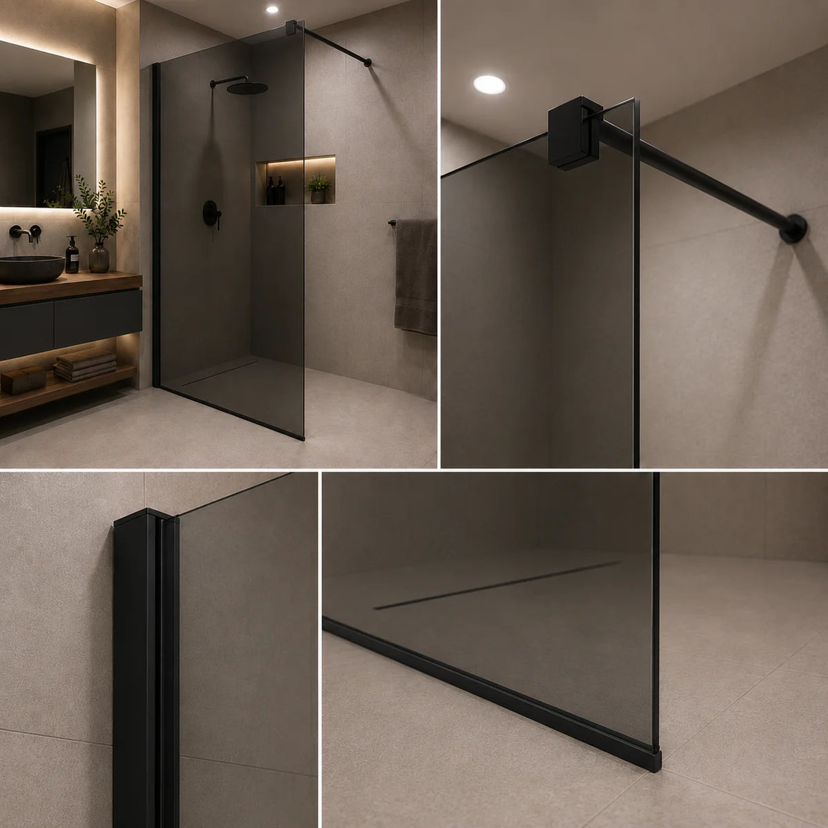 Paravan dus Walk-In 90x195cm, Sticla Gri securizata 8 mm, Profil metalic rezistent, Negru