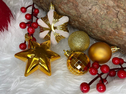 Set globuri si decoratiuni de Craciun, 155 piese, diverse dimensiuni, auriu