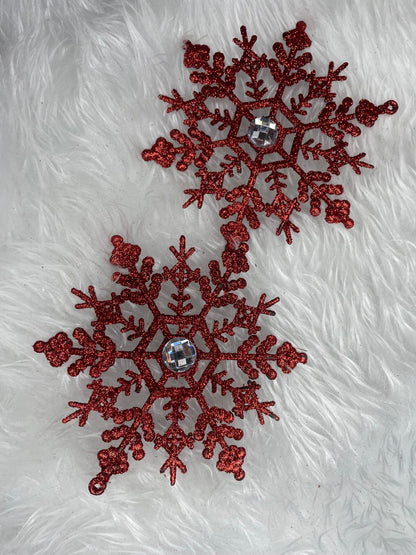 Decoratiune brad fulg de zapada cu cristal, set 2 bucati, 12cm, rosu