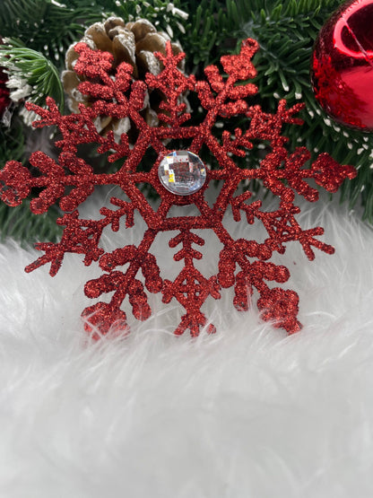 Decoratiune brad fulg de zapada cu cristal, set 2 bucati, 12cm, rosu