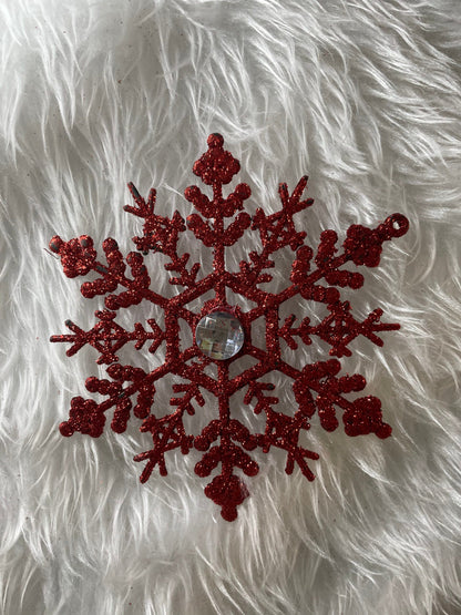 Decoratiune brad fulg de zapada cu cristal, set 2 bucati, 12cm, rosu