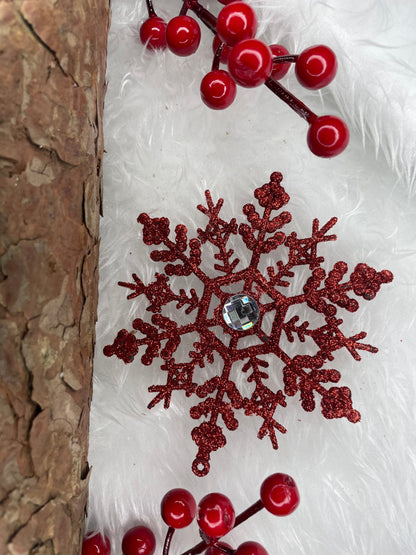 Decoratiune brad fulg de zapada cu cristal, set 2 bucati, 12cm, rosu