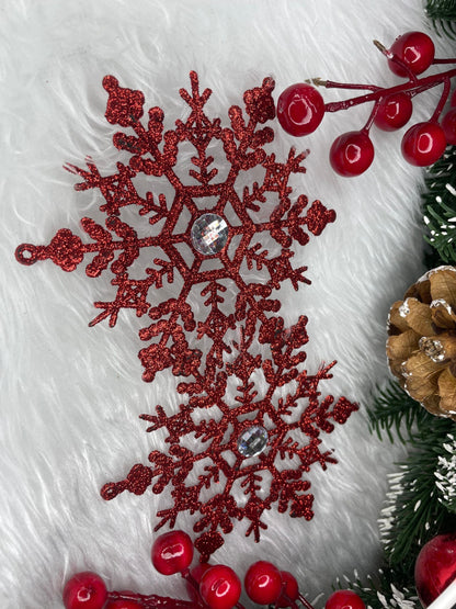 Decoratiune brad fulg de zapada cu cristal, set 2 bucati, 12cm, rosu