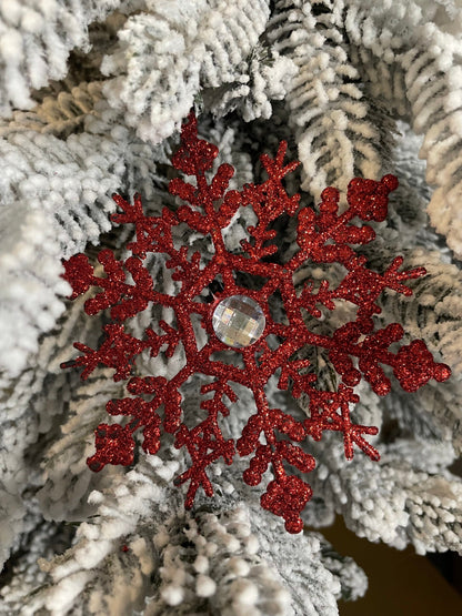 Decoratiune brad fulg de zapada cu cristal, set 2 bucati, 12cm, rosu